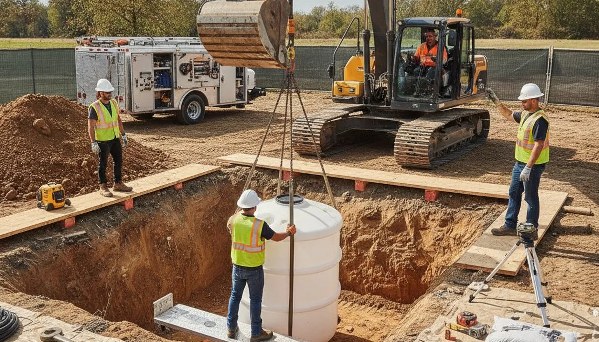 Septic tank installation for Boise, ID homes with excavation and plumbing crew on site